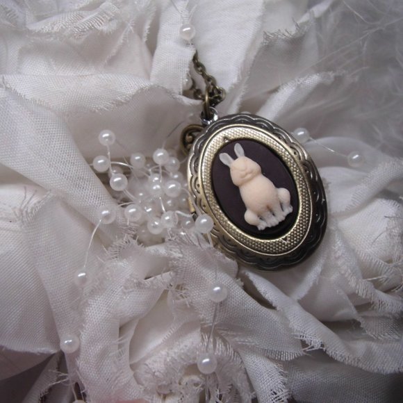 Bronze BUNNY Rabbit Cameo locket Necklace Mourning - Picture 2 of 7